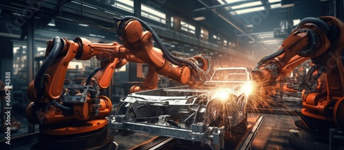 Robotic welders assemble car parts in an industry plant Copy space image Place for adding text or design photo