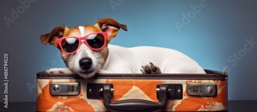 Jack Russell Terrier plays in a suitcase while collecting items Copy space image Place for adding text or design © HN Works