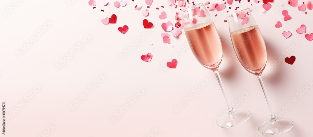 Overhead view of Valentine s Day concept with champagne glasses confetti and pink background Copy space image Place for adding text or design Overhead view of Valentine s Day concept with champagne glasses confetti and pink background Copy space image Place for adding text or design