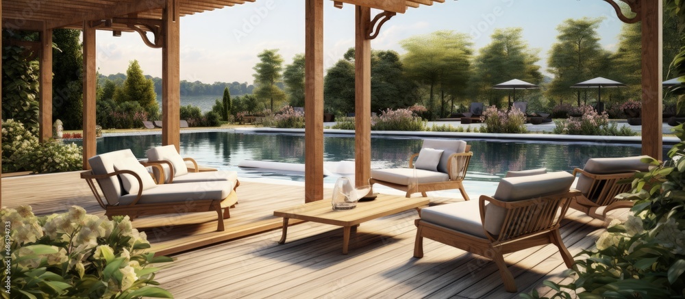 Luxury outdoor garden with teak deck black pergola sofas deck chairs ...