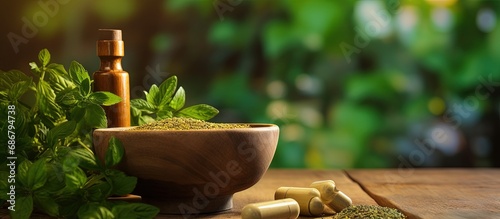Herbal remedies in various forms for health and wellness Copy space image Place for adding text or design photo