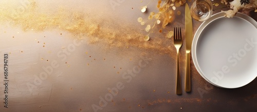 Golden silverware presented on a wedding menu Copy space image Place for adding text or design