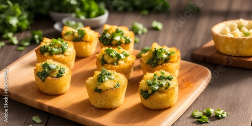 Air Fryer Crispy Cheese Bites with Cilantro-Jalapeño Chimichurri, Arrange crispy cheese bites on serving platter with chimichurri sauce on the wooden table 