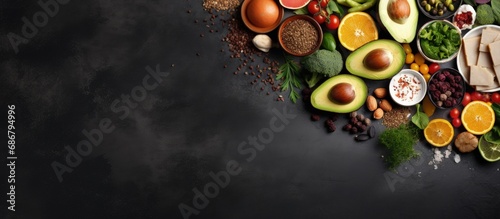 Healthy and balanced organic food ingredients for cooking viewed from above on a dark stone table Copy space image Place for adding text or design photo