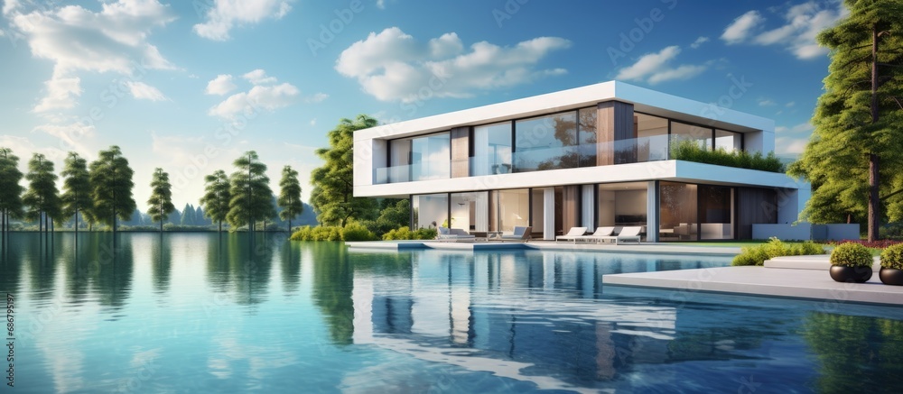 Minimal architecture design concept is reflected in a 3D rendering of a luxury modern house with a swimming pool situated by a green lake in daylight Copy space image Place for adding text or d