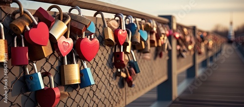 Ideal for Valentine s Day and romantic designs this photo portrays numerous love locks symbolizing eternal love on a bridge Copy space image Place for adding text or design photo