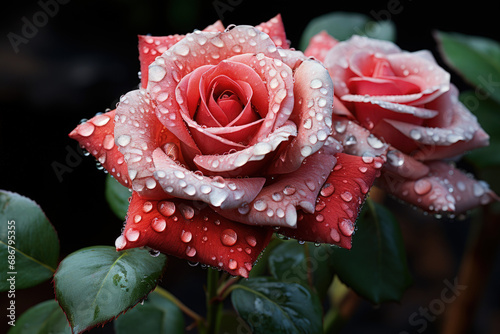Mystic Raindrops  Red Rose Embraces the Rain  Each Drop a Tale of Petal Love - Generative AI