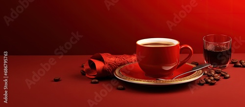 Ramadan Arab coffee with wallah on a red backdrop Copy space image Place for adding text or design photo