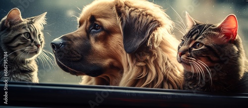 Mixed breed dogs and a cat observing a red car through a window Copy space image Place for adding text or design