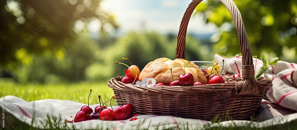 Picnic on grass with open basket fruit salad and pie Copy space image Place for adding text or design Picnic on grass with open basket fruit salad and pie Copy space image Place for adding text or design