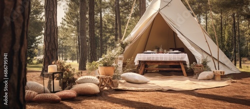 Luxury picnic in Puerto Rico s pine forest with teepee ambiance Copy space image Place for adding text or design