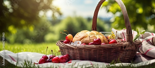 Picnic on grass with open basket fruit salad and pie Copy space image Place for adding text or design