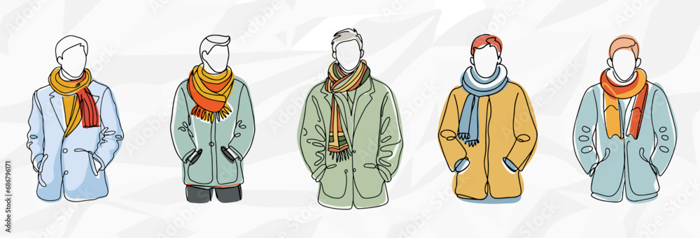 Männer in bunten Winterjacken - Anonyme Lineart-Zeichnungen