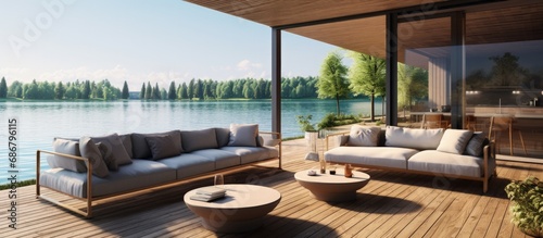 Luxurious summer house with lake view wooden terrace gray sofa and a 3D representation of a hotel interior Copy space image Place for adding text or design photo
