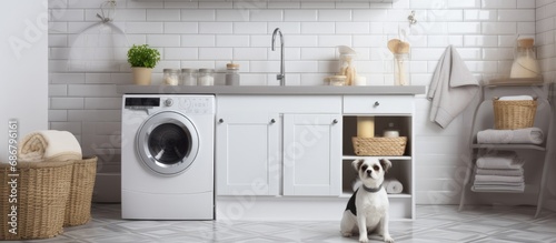 Pet wash station in renovated laundry room with white cabinets patterned tiles and chrome faucet Copy space image Place for adding text or design