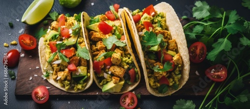 Healthy vegan breakfast featuring scrambled tofu tacos with avocado tomatoes and herbs Copy space image Place for adding text or design photo