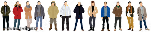 Diverse men wearing trendy modern street style winter warm outfit standing and walking full length. Realistic illustration in row on isolated white.
