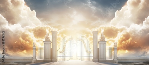 Heaven s pearly gates open contrasting bright heaven and dull foreground Copy space image Place for adding text or design photo