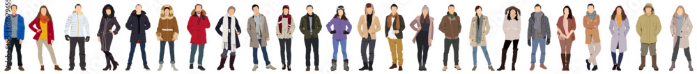 People in winter clothes. Cartoon characters wearing winter coats and hats, modern male and female characters in trendy wintertime outfits. Vector set - obrazy, fototapety, plakaty 