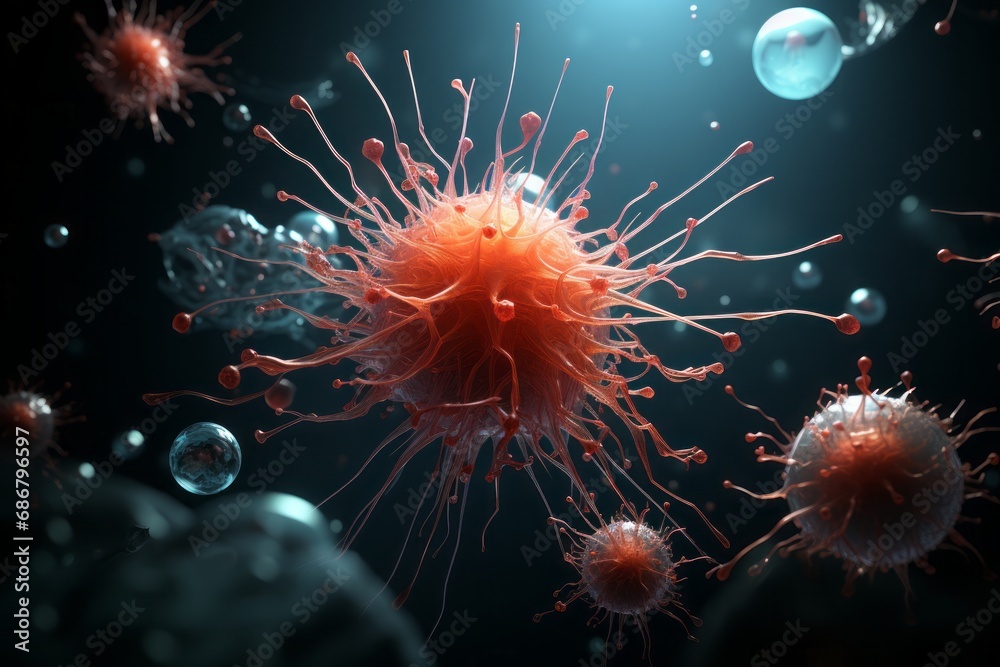 Tumor microenvironment background with cancer cells, T-Cells, nanoparticles, molecules, and blood vessels. Oncology research concept