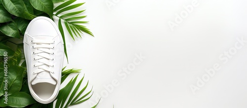 Minimalistic white women s leather sneakers with a tropical leaf sun shade on a white background seen from above Stylish sports shoes made of genuine leather Copy space image Place for adding t