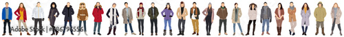 People in winter clothes. Cartoon characters wearing winter coats and hats, modern male and female characters in trendy wintertime outfits. Vector set photo