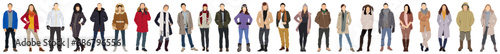 People in winter clothes. Cartoon characters wearing winter coats and hats, modern male and female characters in trendy wintertime outfits. Vector set