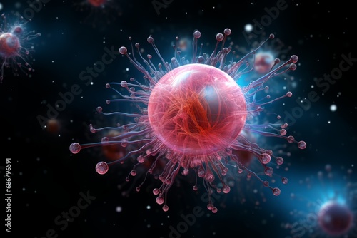 Tumor microenvironment background with cancer cells, T-Cells, nanoparticles, molecules, and blood vessels. Oncology research concept photo