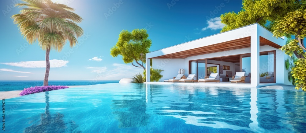 Luxury Holiday Villa s outdoor area with a stunning pool and clear blue sky Copy space image Place for adding text or design