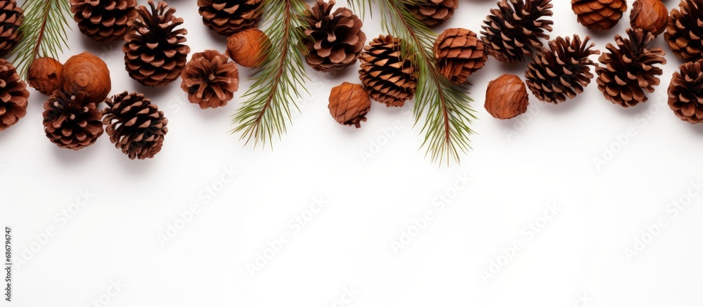 Pinecones arranged on white background with room for text Copy space image Place for adding text or design Pinecones arranged on white background with room for text Copy space image Place for adding text or design