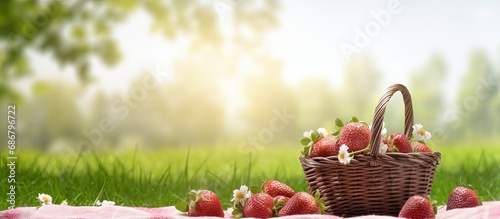 Mini basket of strawberries on a white blanket with dessert snack for spring picnic surrounded by cherry blossoms Copy space image Place for adding text or design photo