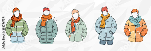 Männer in bunten Puffer-Winterjacken - Bunte Lineart-Zeichnungen