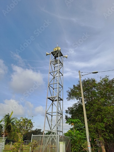 Loudspeakers on a tower are usually found next to the mosque. They're used for the Islamic call to prayer (adhan or azan).