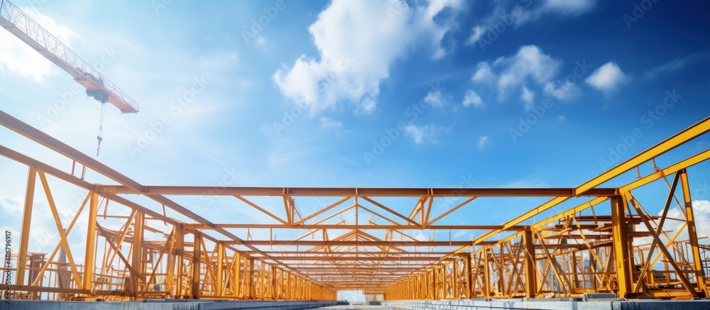 Installing a steel roof truss frame using a mobile crane indoors beneath a blue sky in a factory during construction Copy space image Place for adding text or design