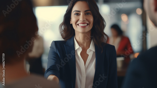 Happy Mid-Aged Business Woman Manager Handshaking, Smiling HR Hiring at Office Meeting