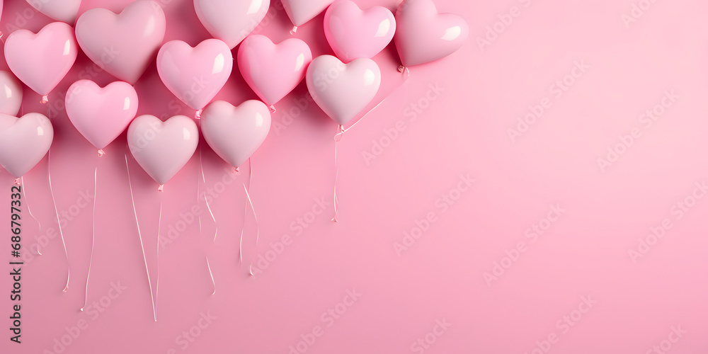 Pink Heart shaped balloons composition on a solid color background - Love design