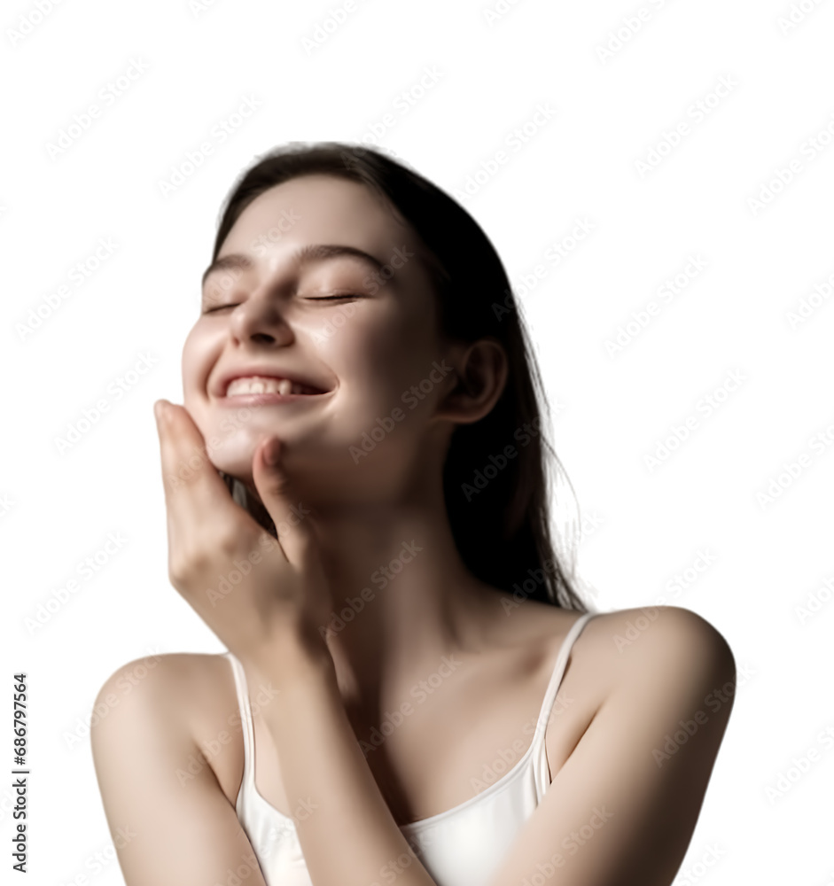 Portrait of a beauty young woman with perfect clean skin. The model closes her eyes, tilts her head slightly, and smiles. Her hands touch her face. Youth and Skin Care Concept. transparent background.