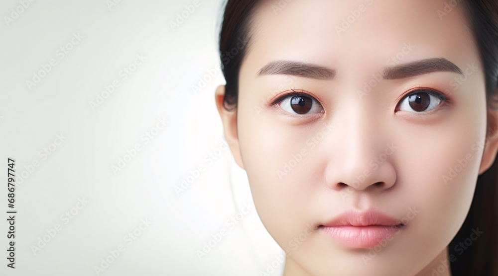 An Asian woman with problematic skin and freckles gazes at the camera, half of her face lit in front of a white banner with ample copy space. An Asian woman with problematic skin and freckles gazes at the camera, half of her face lit in front of a white banner with ample copy space.