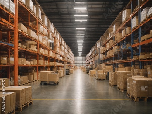 A retail warehouse full of shelves with goods in cartons, with pallets and forklifts. Logistics and transportation blurred the background. Product distribution center.
