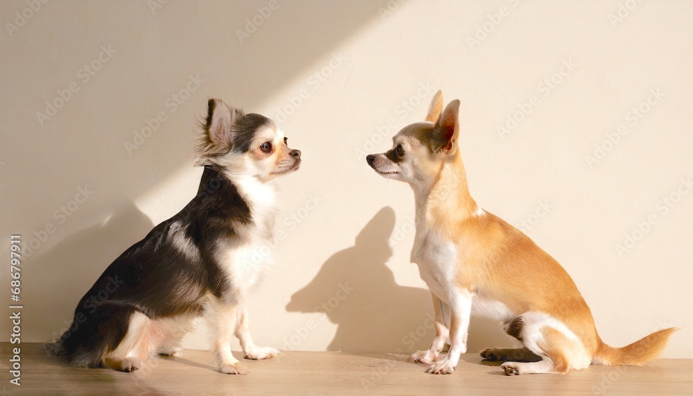two chihuahua dogs facing each other, 16:9 widescreen background / wallpaper