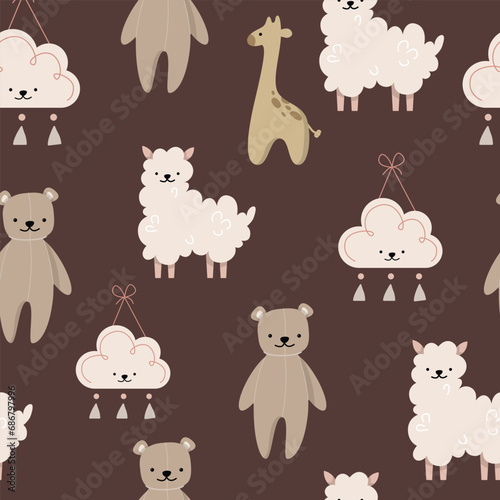 Boho baby animal toys seamless pattern for girls and boys. Cartoon collection with bear, lama, giraffe, cloud toys decor for cute bedroom clothes vector isolated. Kids learning Montessori equipment
