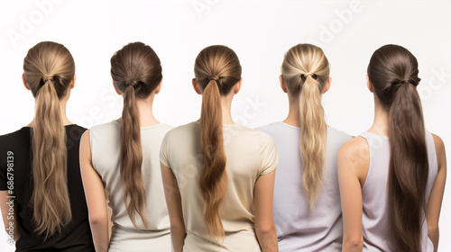 Foto A female with various ponytail styles stands in an insular white milieu