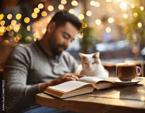 Blurred man reading book, drinking caffee in a cafe, there is cat on the table, selective focus