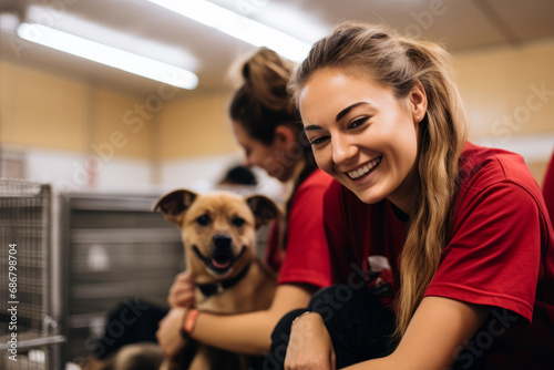 Volunteer in dog shelter. Dog, adoption and animal shelter. Pet, charity and volunteering at kennel for adopting canine pets photo