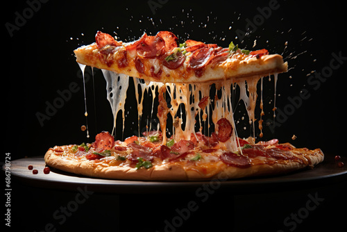 Appetizing Pizza and pizza pieces levitation, stretchy processed cheese. Generative AI.
