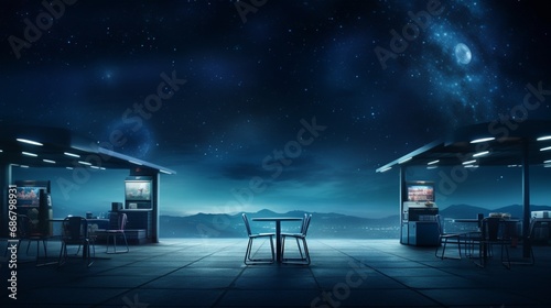 an empty table under the starry sky  with the ethereal lights from a blurred Petrol station creating a dramatic backdrop for an otherworldly product display