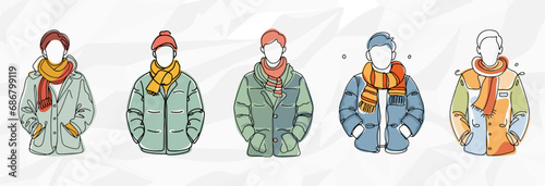 Lebendige Farbexplosion: Männer in bunten Puffer-Winterjacken - Bunte Lineart-Zeichnungen
