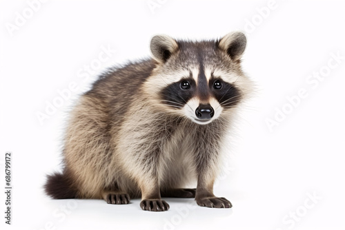 A raccoon perched alone on a secluded plain-coloured backdrop.