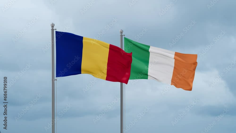 Ireland flag and Chad flag waving together on cloudy sky, endless seamless loop, two country relations concept Ireland flag and Chad flag waving together on cloudy sky, endless seamless loop, two country relations concept