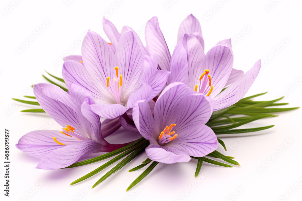 Fototapeta premium A Crocus sativus blossom, the hue of saffron, stands out against a white backdrop.
